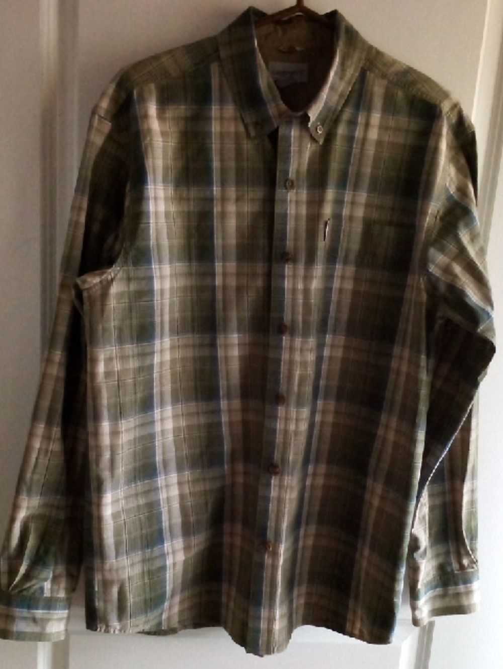 Carhartt Men's Green and Tan Plaid Button-Down Shirt